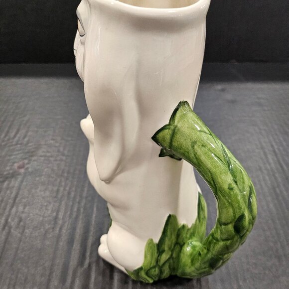 Tall Moltahedeh Rabbit Pitcher 1950s Portugal Hand Painted Bunny Green Leaf Hand - Picture 12 of 15